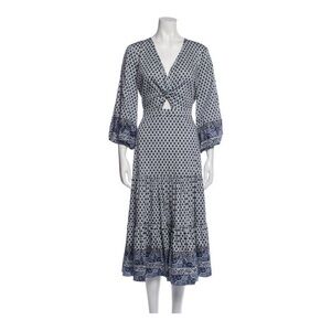 Veronica Beard Dinia Tiered Cut Out V-Neck Printed Poplin Midi Dress Size 4 New